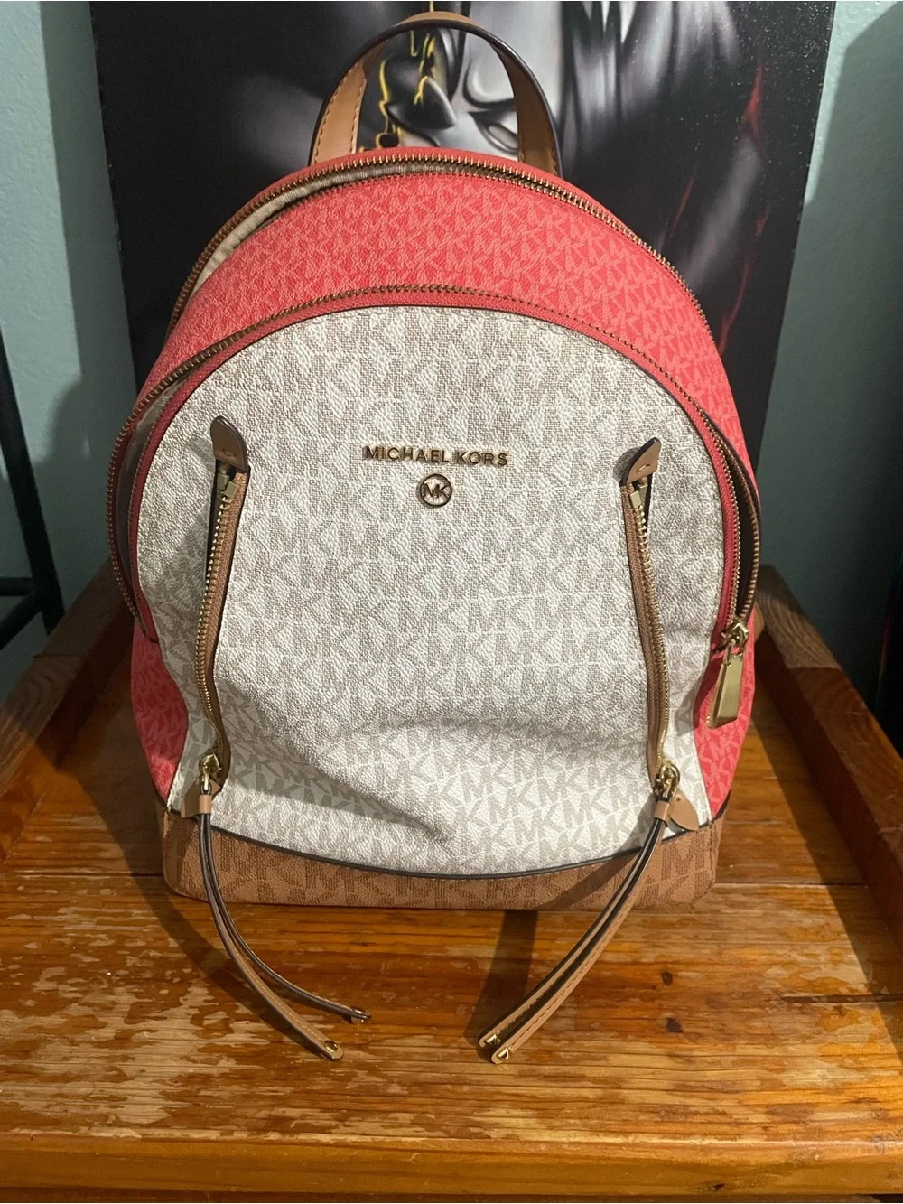 Michael Kors Cream, Red and Brown Signature Logo Backpack